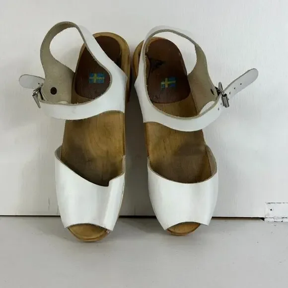 MIA Swedish Anja Leather Wooden Clog Women Size 9 40 White Ankle Strap Peep Toe - Picture 8 of 15